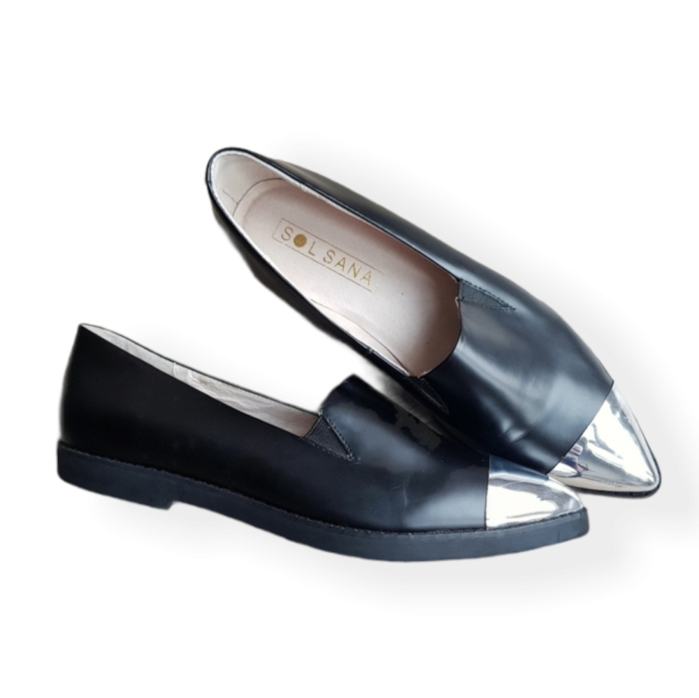 Sol Sana Chippy metal silver toe loafers black 10